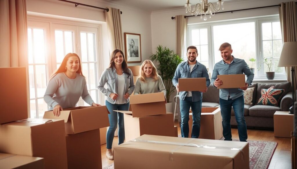 A cozy home interior with a family unpacking boxes and furniture, conveying the experience of a smooth house removal service by Edinmove Removals. The scene is well-lit, with warm, natural lighting flooding the space through large windows. The family members, dressed in casual attire, express a sense of relief and satisfaction as they settle into their new abode. The background features tasteful decor and furnishings, creating a welcoming atmosphere. The overall mood is one of comfort and contentment, reflecting the positive customer experience described in the article section.