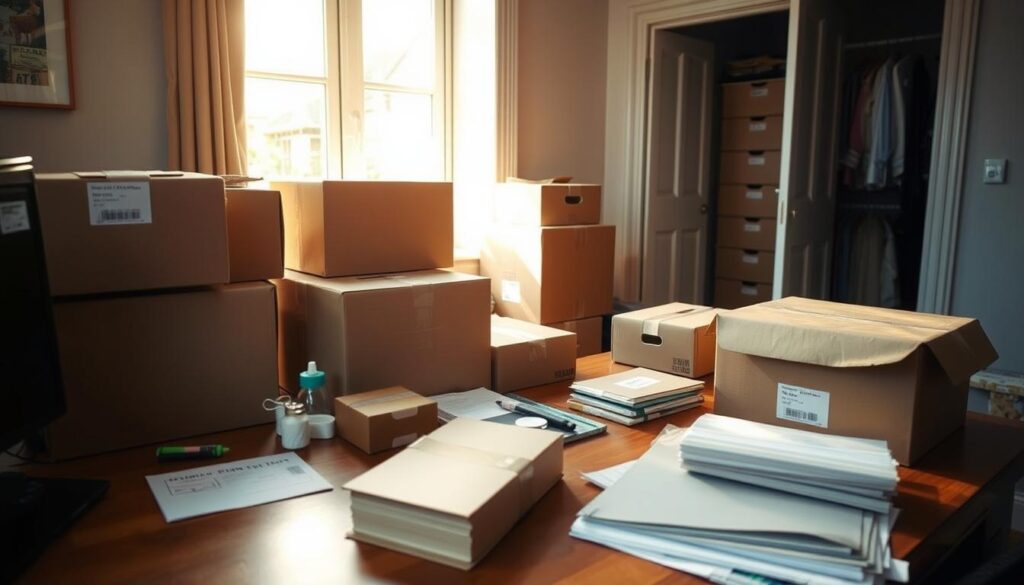 A neatly organized home office, with cardboard boxes, packing materials, and labeling supplies arranged on a wooden desk. Soft, natural lighting from a nearby window illuminates the scene, casting warm shadows and highlights. In the background, a stack of moving boxes and a half-open closet door suggest the beginnings of a meticulous packing process. The overall atmosphere conveys a sense of careful preparation and organization, hinting at the efficiency of an Edinburgh house removals service.
