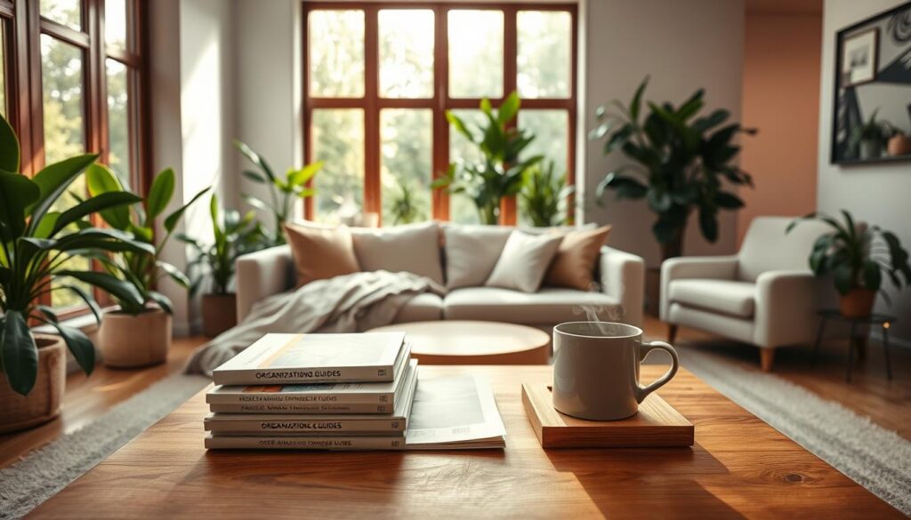 A serene, spacious living room with large windows, flooding the space with warm, natural light. A comfortable sofa and armchair in a neutral palette, surrounded by lush, verdant houseplants. On a wooden coffee table, a stack of organization guides and a mug of steaming tea, creating a calming, focused atmosphere. The room's layout is minimalist and uncluttered, exuding a sense of tranquility and control, reflecting the effortless flow of a stress-free move. The camera angle is slightly elevated, capturing the room's harmonious balance and soothing ambiance.