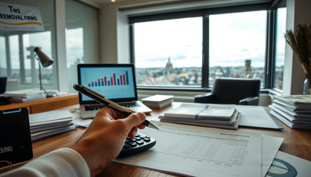 A well-lit office interior with a wooden desk, a calculator, and stacks of invoices, conveying the process of comparing and evaluating the costs and value of removal services. In the foreground, a hand holding a pen hovers over a spreadsheet, meticulously analyzing the numbers. The middle ground features a laptop displaying charts and graphs, allowing for a detailed comparison of different removal firms' offerings. The background showcases a large window, providing a scenic view of the Edinburgh cityscape, hinting at the broader context of the decision-making process.