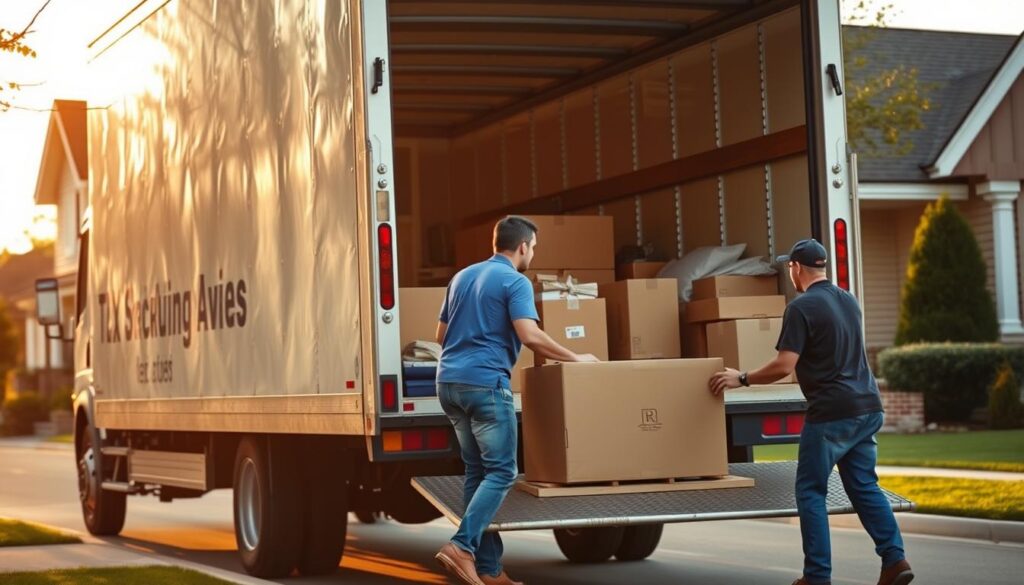 a professional moving service team efficiently loading a moving truck, with two movers carefully placing boxes and furniture into the vehicle, conveying a sense of organization and timeliness; the truck is parked on a residential street, with a well-kept suburban house in the background, bathed in warm afternoon sunlight; the scene exudes a feeling of competence and stress-free relocation, capturing the essence of an "Efficient and Timely Service"